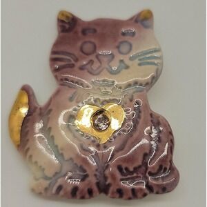 Handmade clay purple & gold CAT with rhinestone brooch pin